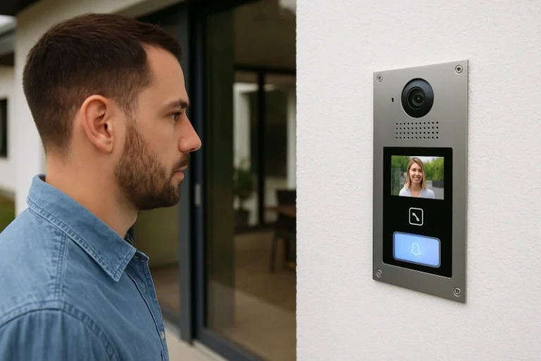 Videoportero e intercomunicador en ingreso de edificio