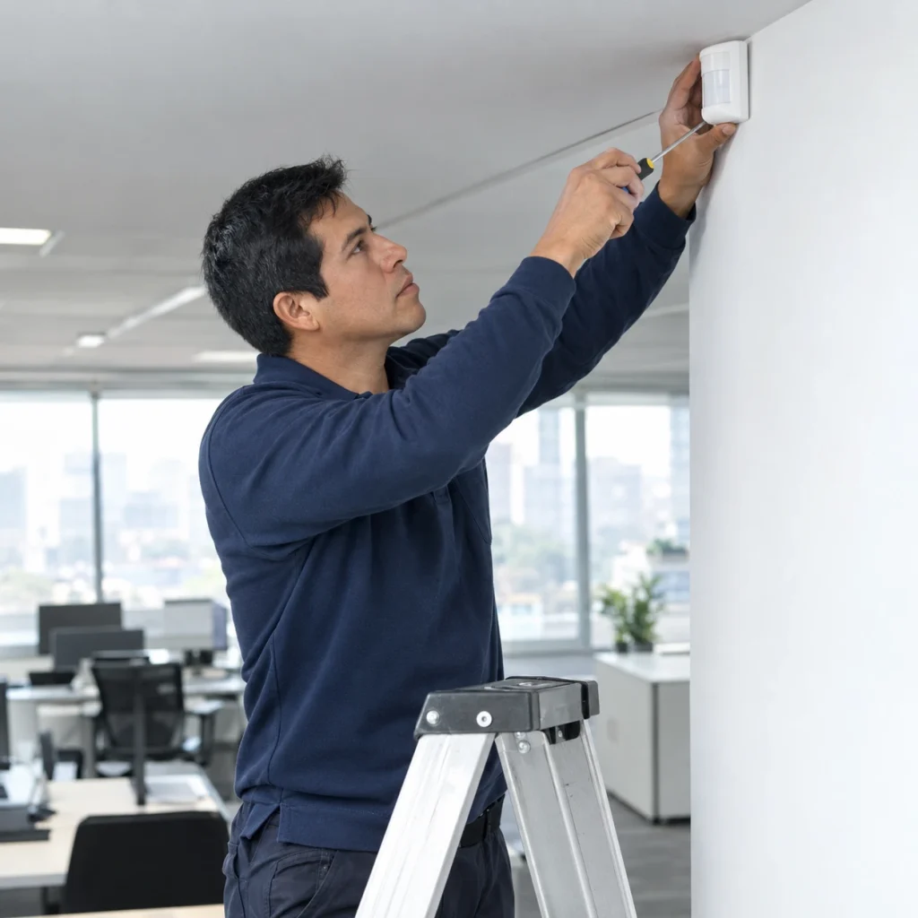 Técnico instalando sensor de movimiento de alarma contra robo en oficina
